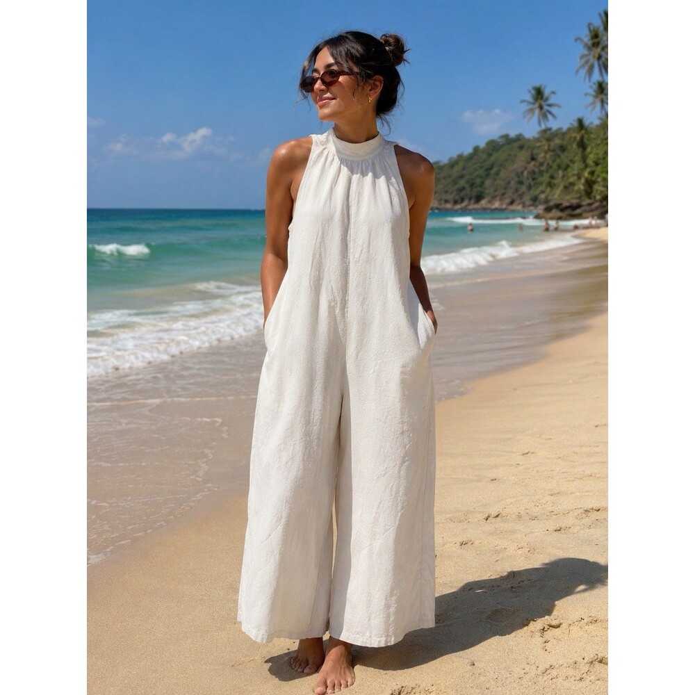 Unbranded White Wide Leg Jumpsuit Womens XL Lagenlook High Neck Back Zip Pockets